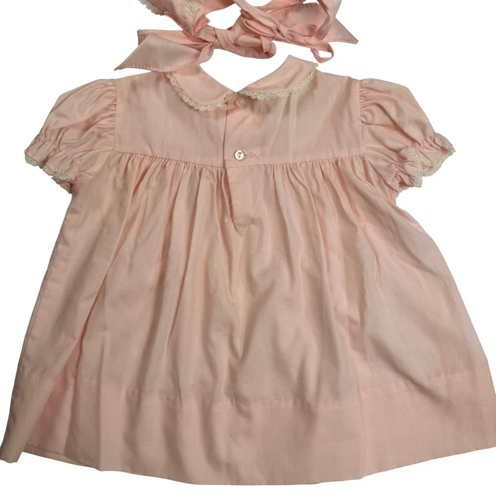 Polly Flinders Vintage Cottagecore Coquette Baby Dress Bonnet Set Pink Cotton